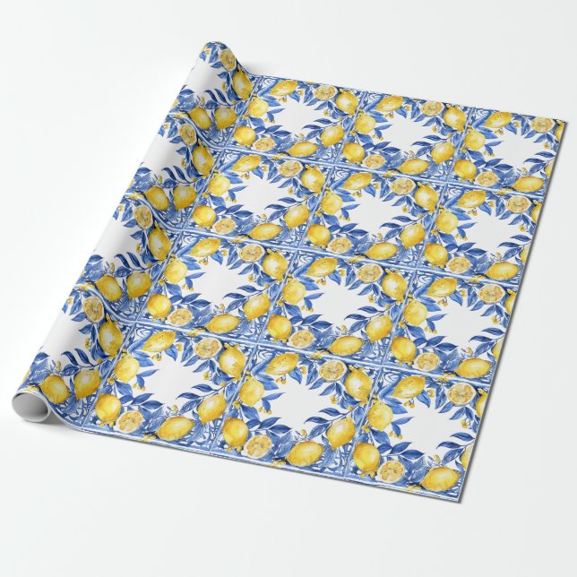 Sicilian Lemon Tiles Pattern Mediterranean Dolce  Presentpapper (Utrullad)