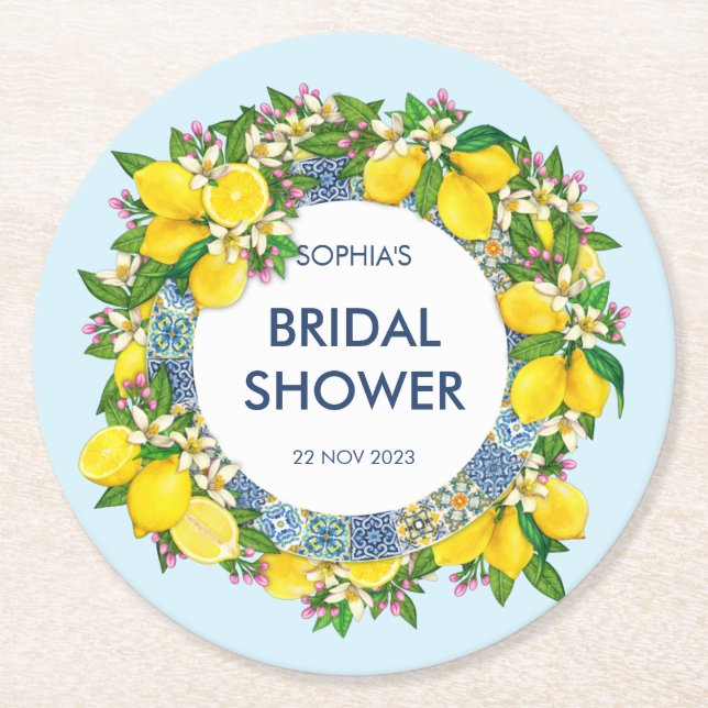 Sicilian Majolica Tiles Blommigt Leafy Lemon Garla Underlägg Papper Rund (Framsidan)