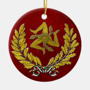 Sicilian Trinacria Heirloom i guld på rött Julgransprydnad Keramik