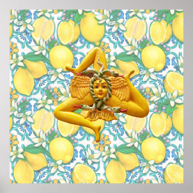 Sicilian Trinacria Italienska Pridet Bright Lemon  Poster (Framsidan)