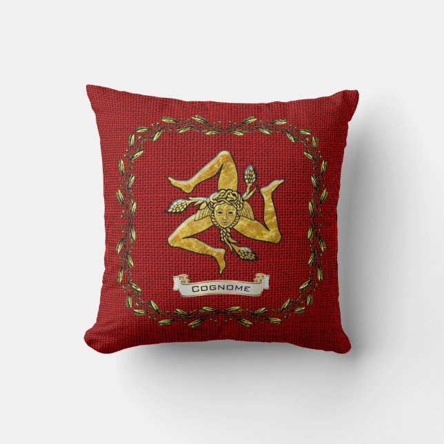 Sicilian Trinacria olivgrön kranBurlap Kudde (Framsida)