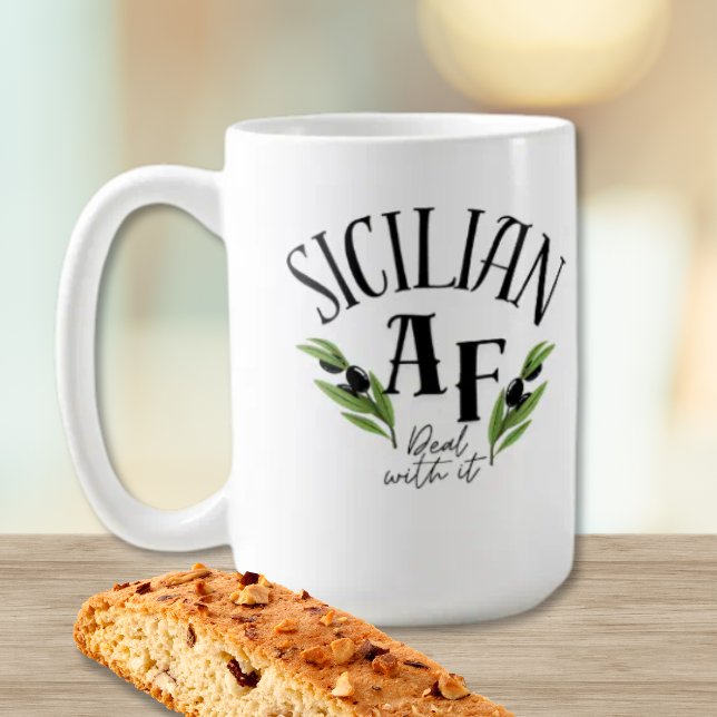 Siciliansk AF - Ta Det - Roligt Kulturarv Kaffemugg (Funny Sicilian AF coffee mug with bold text and olive branch detail, celebrating Italian heritage)