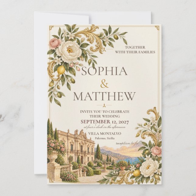 Siciliansk Barock | Kräm & Antik Guld Bröllop Inbjudningar (Framsida)