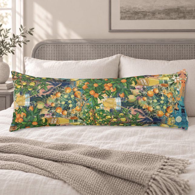 Siciliansk citruscollage i chic orangeblå färger kroppskudde (Skapare uppladdad)