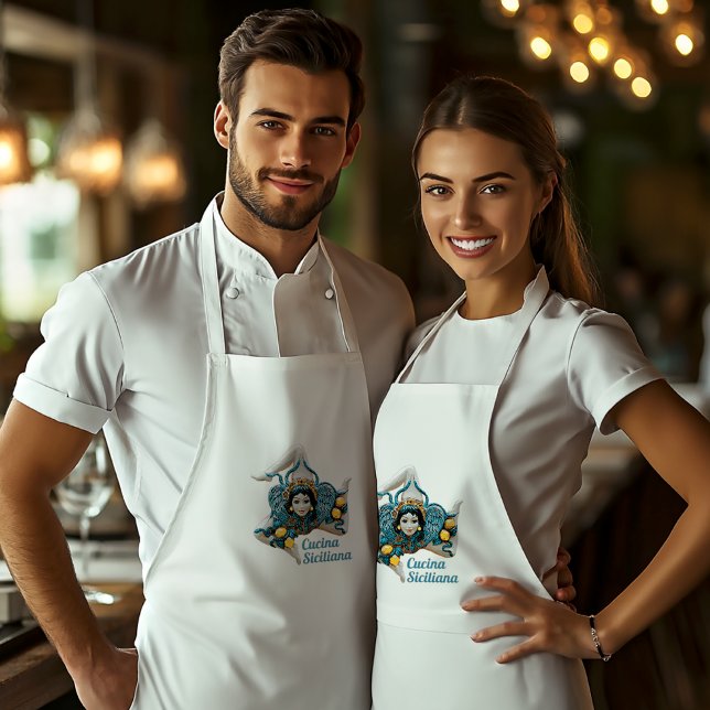 Siciliansk Trinacria Medusa -Symbol för Sicilien Förkläde (Trinacria Medusa - Symbol of Sicily on White Chef's Apron
"Cucina Siciliana" can be customized)