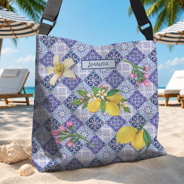 Sicilianska blåa Medelhavet Citrus Kakelplattor Axelväska (Skapare uppladdad)