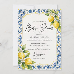 Sicilianska blåa plattor Gul Citron Baby Shower Inbjudningar