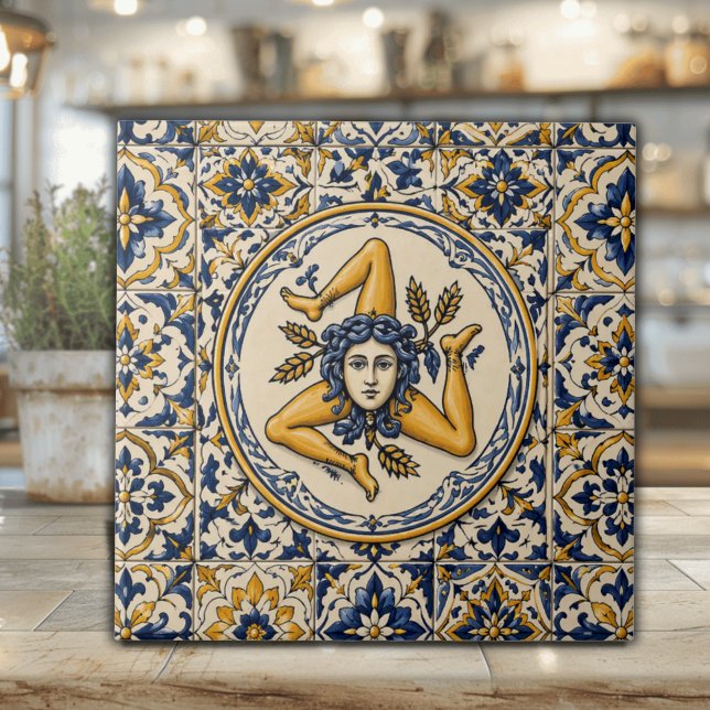 Sicilianska flottan & Guld keramiska plattor med T Kakelplatta (Richly colored Sicilian ceramic tile with navy geometric ornamental pattern and circular Trinacria)