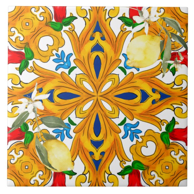 Sicilianska plattor,majolica,citron,keramiskt plat kakelplatta (Framsidan)