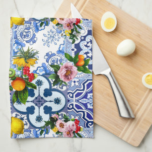 Sicilianska plattor,majolica,citroner,citrusfrukte kökshandduk