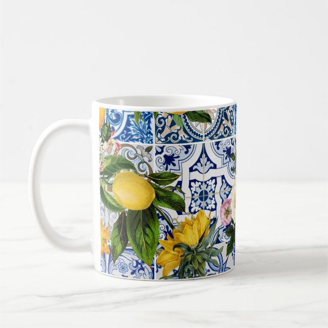 Sicilianska plattor stil med blommor och citron kaffemugg (Vänster)