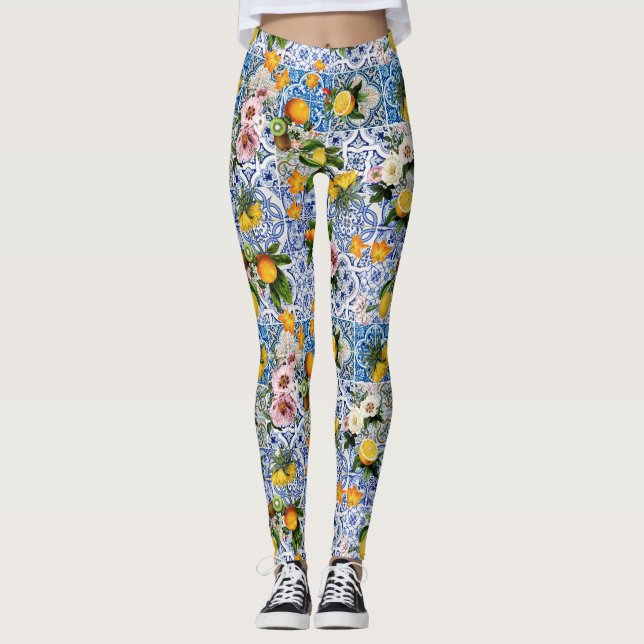 Sicilianska plattor stil med blommor och citron leggings (Framsida)