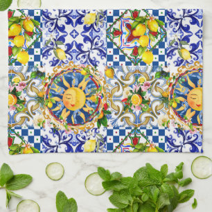 Sicilianska sol, citron, medelhavsplattor, kökshandduk
