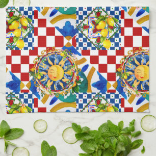 Sicilianska sol, citron, medelhavsplattor, kökshandduk