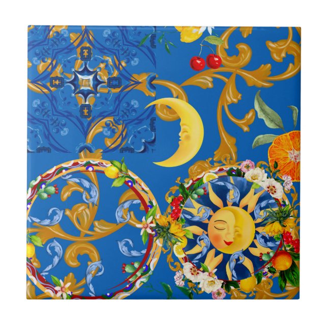 Sicilianska sol,halva måne,sommar,majolica,citron, kakelplatta (Framsidan)