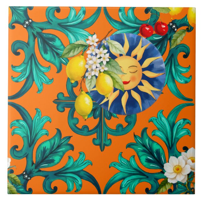 sicilianska sol,sommar,citron,mosaik,blå, kakelplatta (Framsidan)
