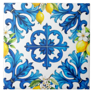sicilianska,sommar,citron,mosaik,blå kakelplatta