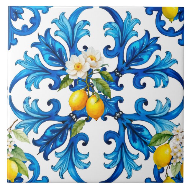 sicilianska,sommar,citron,mosaik,blå kakelplatta (Framsidan)