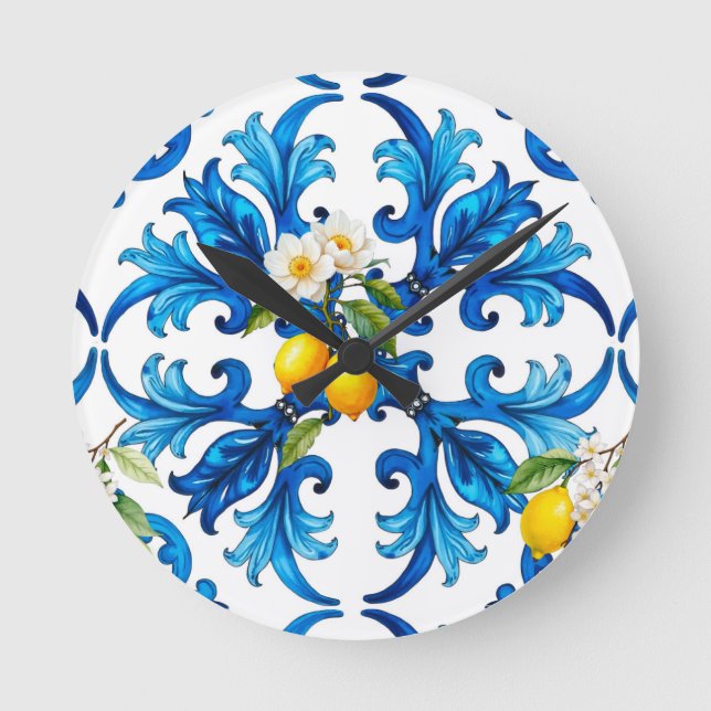 sicilianska,sommar,citron,mosaik,blå,scarf, rund klocka (Framsida)