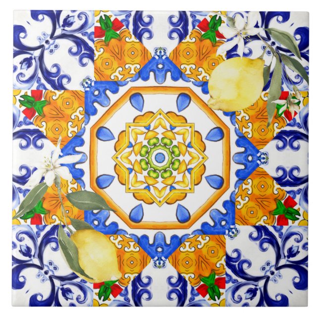 Sicilianska stil,citroner,majolica Ceramic Tile Kakelplatta (Framsidan)