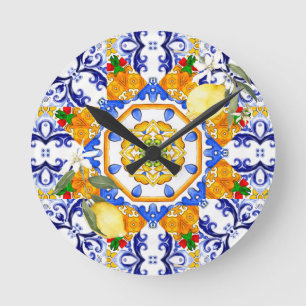 Sicilianska stil,citroner,majolica rund klocka