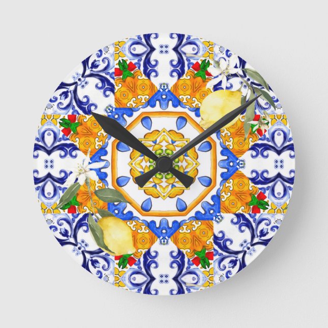 Sicilianska stil,citroner,majolica rund klocka (Framsida)