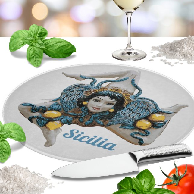 Sicilianska Trinacria Medusa -Symbol för Sicilien (Triancria Medusa Symbol of Sicily - Sicilian Kitchen Glass Cutting Board)