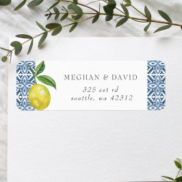 Sicilien Blue Tiles Lemons Bröllop Returadress Etikett