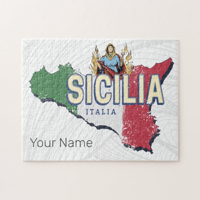 Sicilien Flagga Italien Retro Karta Vintage Souven Pussel (Horisontell)
