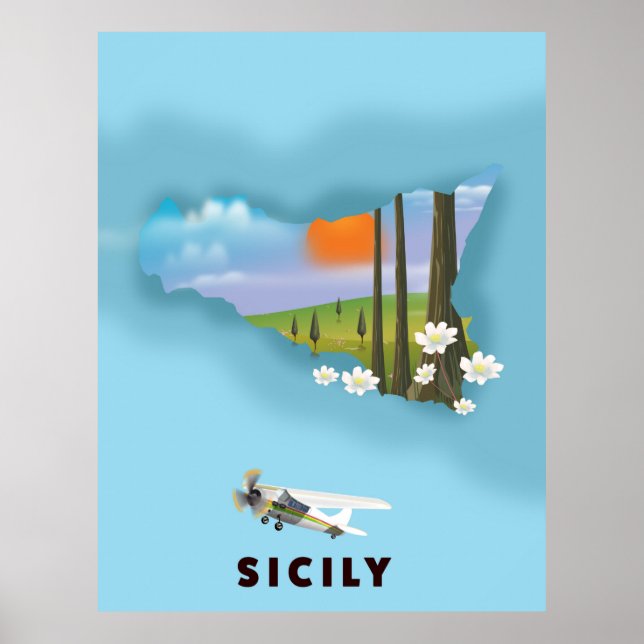 Sicilien Illustrerad kart-resa affisch (Framsidan)