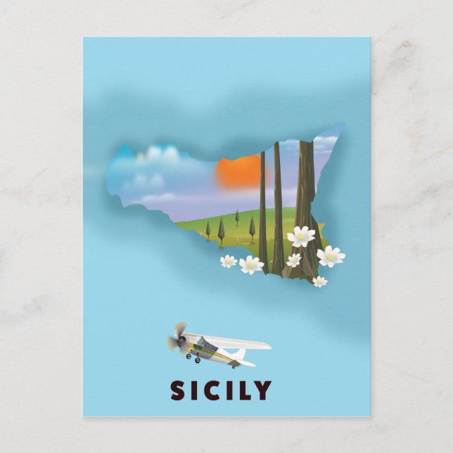 Sicilien Illustrerad kartoreseaffisch Vykort (Framsida)