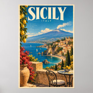 Sicilien Italien Kustnära Vulkan Reseskylt Väggkon Poster