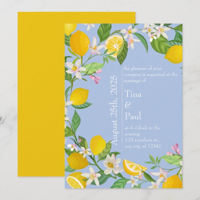 Sicilien Mediterranean Blue Lemon Bröllop Inbjudningar (Fram/baksida)