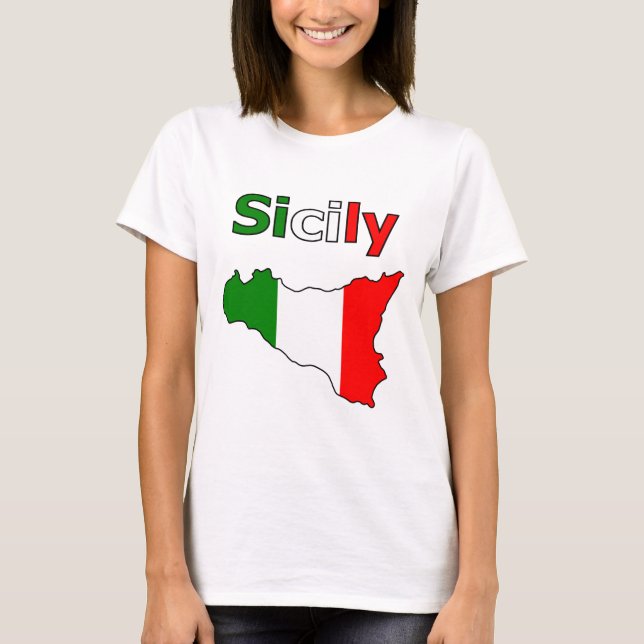 Sicilien och Karta i italienska Flagga Färg T Shirt (Framsida)