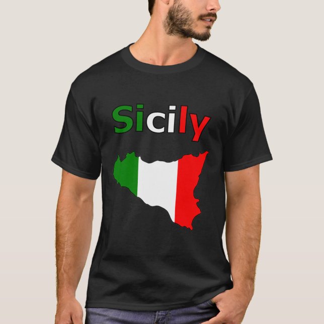 Sicilien och Karta i italienska Flagga Färg T Shirt (Framsida)