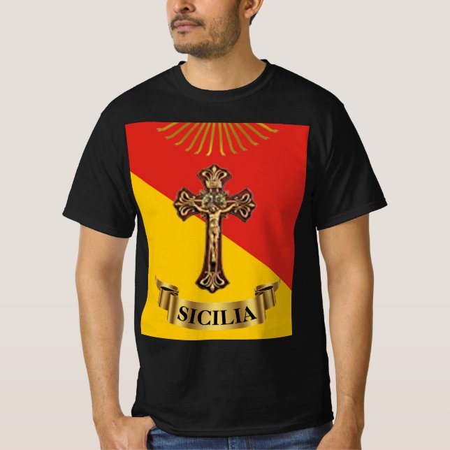 Sicilien/siciliansk Crucifix och Flagga T-Shirt (Framsida)