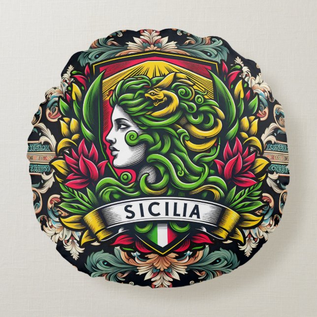 Sicilien, siciliansk design rund kudde (Framsidan)