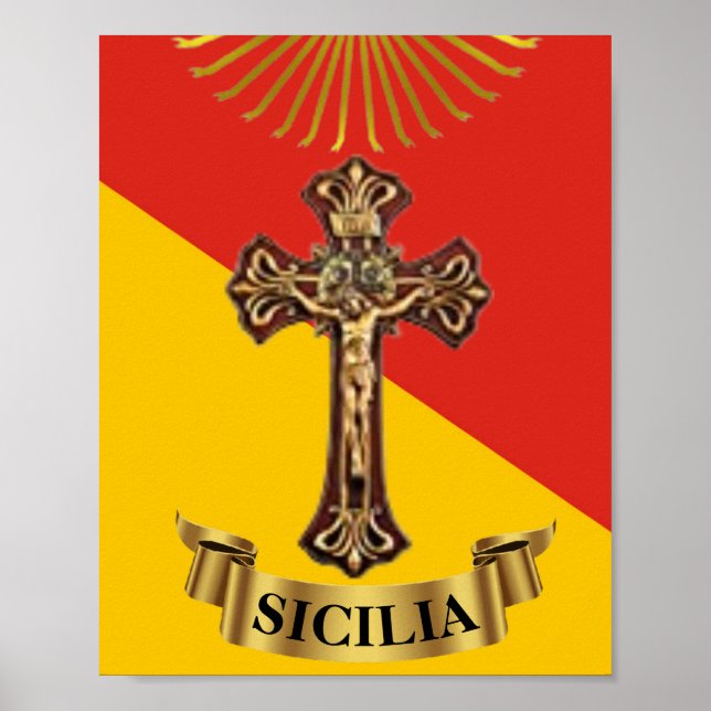 Sicilien/siciliansk Flagga och Crucifix Poster (Framsidan)