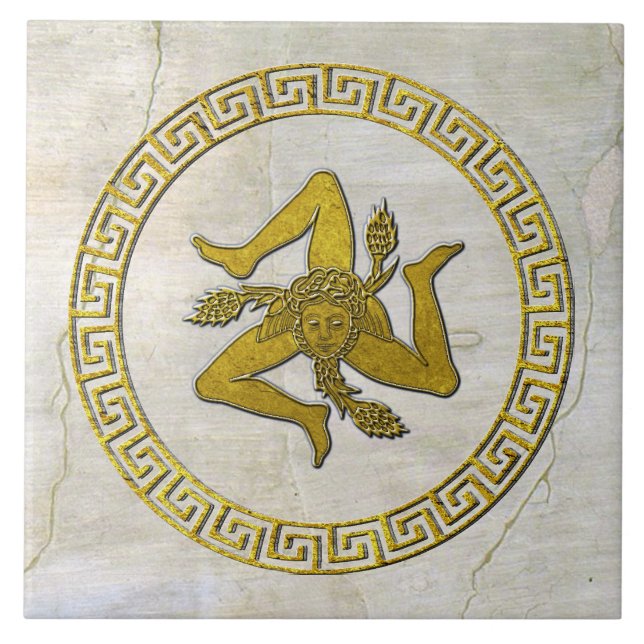 Sicilien Trinacria och Grekiska Nyckel fresco look Kakelplatta (Framsidan)