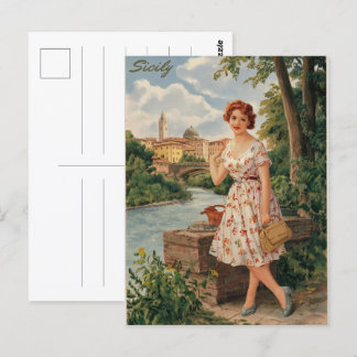 Sicilien vintage italian dam på land 50-talet vykort