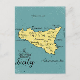Sicilien Vintage Sjökarte Meddelande Vykort