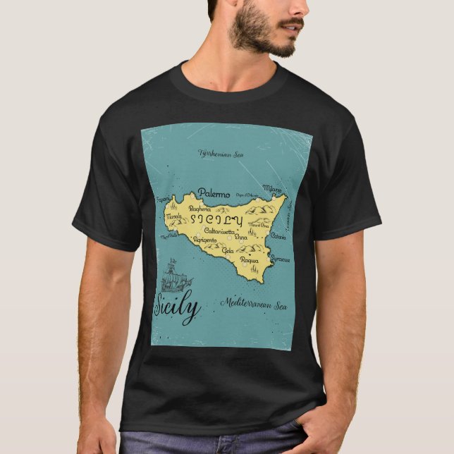 Sicilien Vintage Sjökarte T Shirt (Framsida)