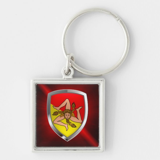 Siciliens mettaliska emblem fyrkantig silverfärgad nyckelring (Framsidan)