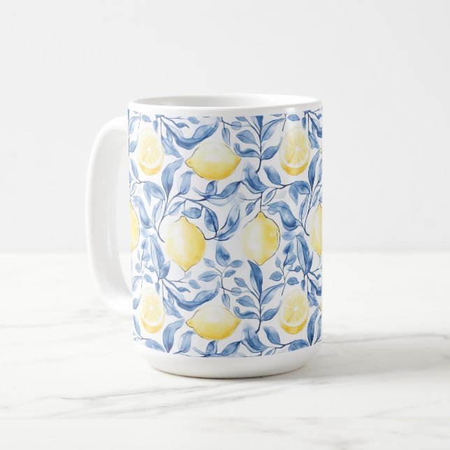 Sicily Italian Rustic Blue Leaves Lemons  Kaffemugg (Framsida vänster)