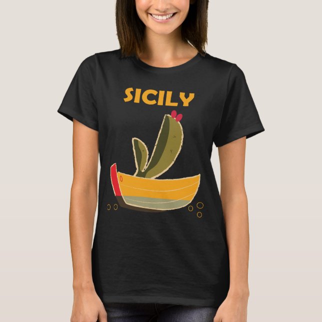 Sicily Kaktus Båt Gul Retro Resa T-Shirt (Framsida)