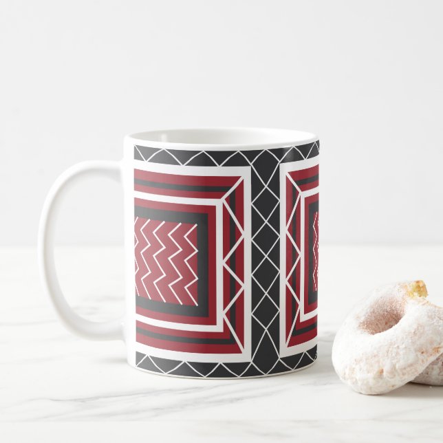 Sicksackigt randigt fyrkantigt grått vitt rött geo kaffemugg (Med munk)