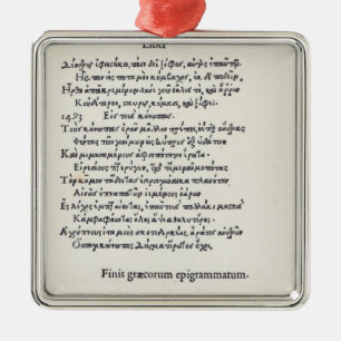 Sida av grekiska Epigrams av Angelo Poliziano, Julgransprydnad Metall