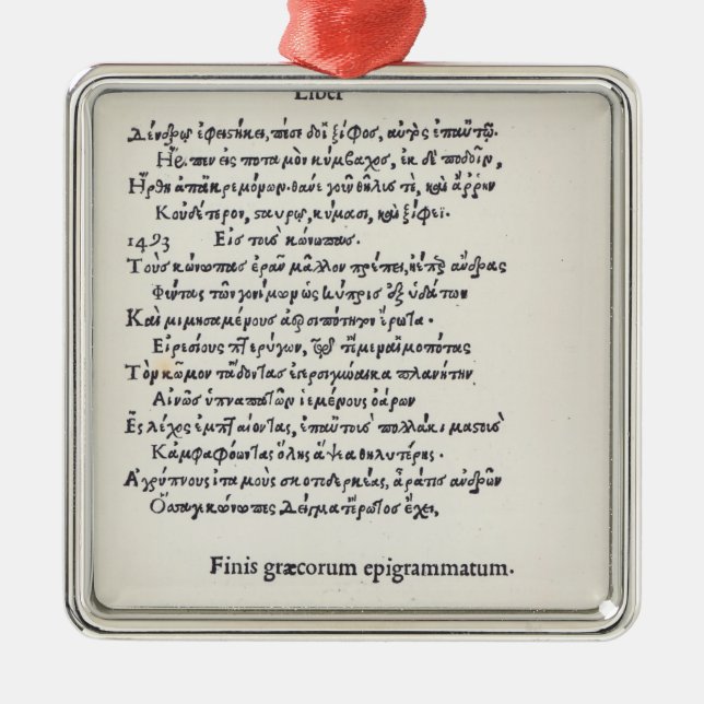 Sida av grekiska Epigrams av Angelo Poliziano, Julgransprydnad Metall (Framsidan)