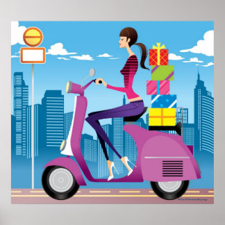 Sida av kvinna med gåvor på scooter poster