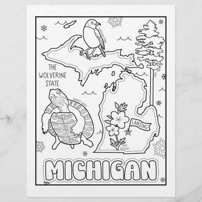 sida för färgning av michigan-tillstånd och fakta reklamblad (Framsidan)
